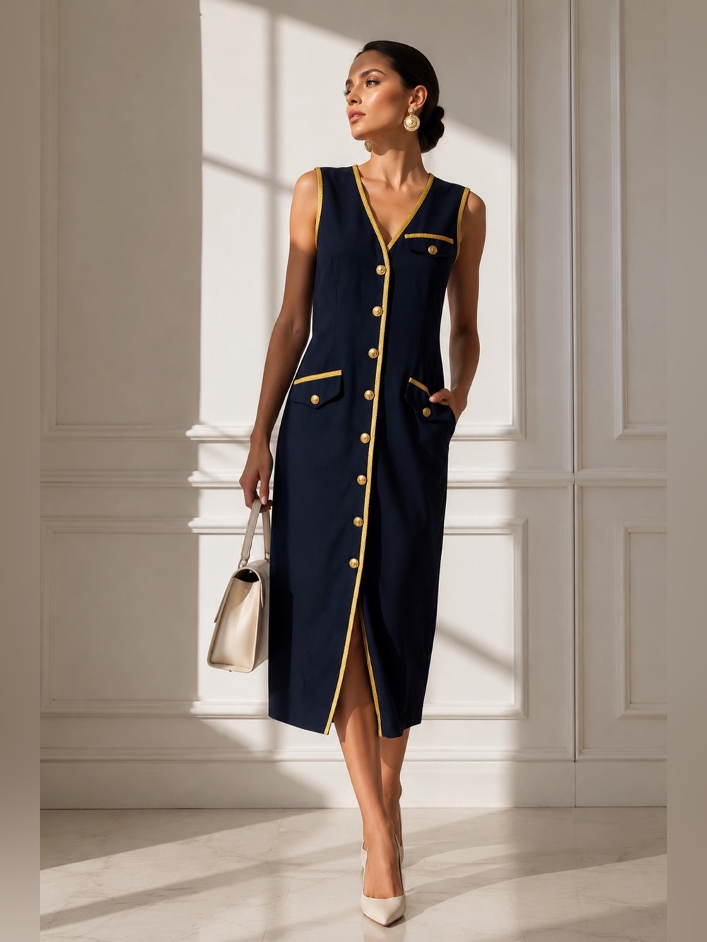 Joseph Ribkoff Navy Gold Trim Midi Dress | Luxury Metallic Braid | Size 10
